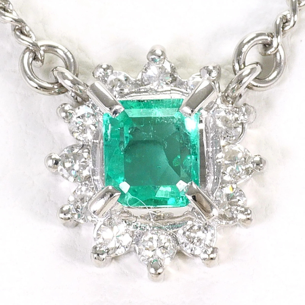 PT850 Platinum Necklace, Emerald 0.24ct, Diamond 0.12ct, Certificate of Authe...